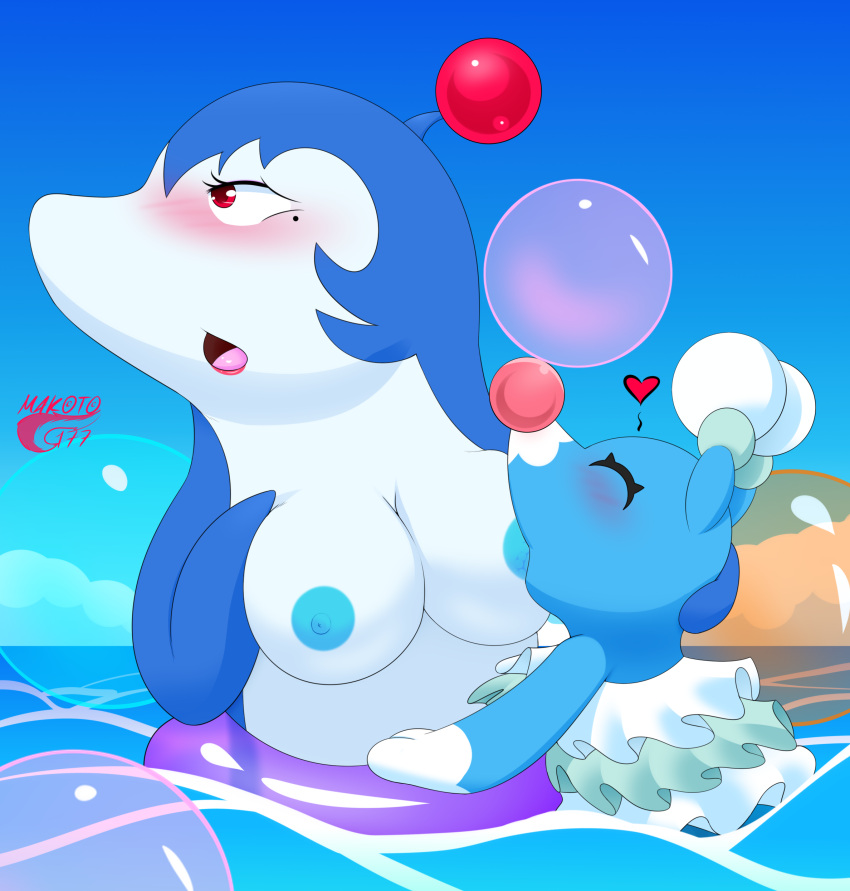 absurd_res big_breasts blue_body blush bomberman_jetters breastfeeding breasts brionne bubble busty_feral cetacean crossover delphinoid dolphin_bomber duo eyelashes female feral hi_res konami lipstick makeup makoto177 male male/female mammal marine nintendo nipples oceanic_dolphin open_mouth pok&eacute;mon pok&eacute;mon_(species) simple_background toothed_whale video_games