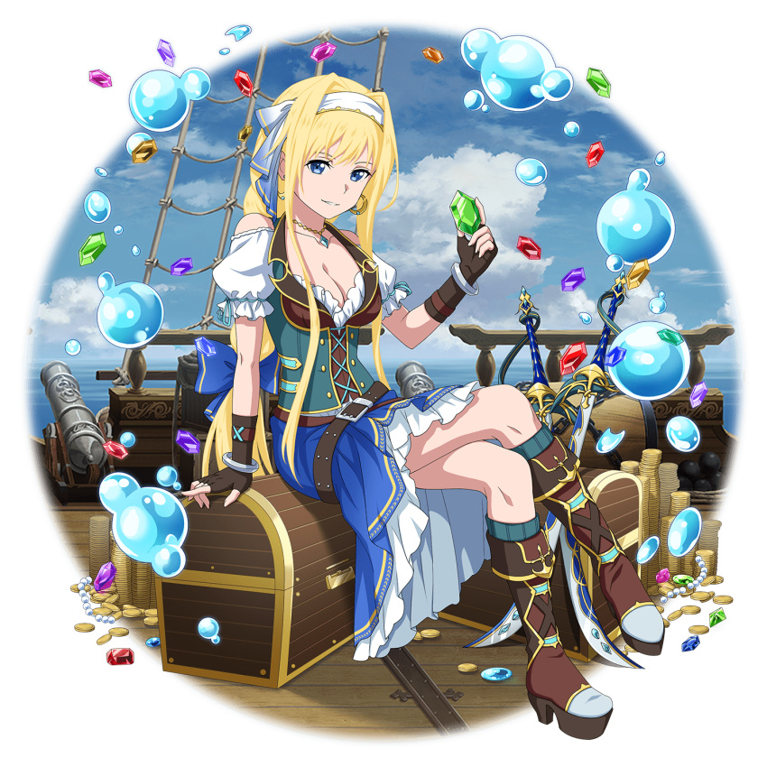 1girl alice_zuberg bangs blonde_hair blue_eyes blue_ribbon blue_skirt boots bracelet breasts brown_footwear brown_gloves bustier chest cleavage cloud collarbone crossed_legs detached_sleeves earrings fingerless_gloves full_body gem gloves grin hair_intakes headband highres holding jewelry knee_boots long_hair medium_breasts necklace ocean official_art parted_lips ribbon ribbon-trimmed_sleeves ribbon_trim saber_(weapon) short_sleeves sitting skirt smile solo sword sword_art_online sword_art_online:_memory_defrag transparent_background very_long_hair weapon white_headband white_sleeves