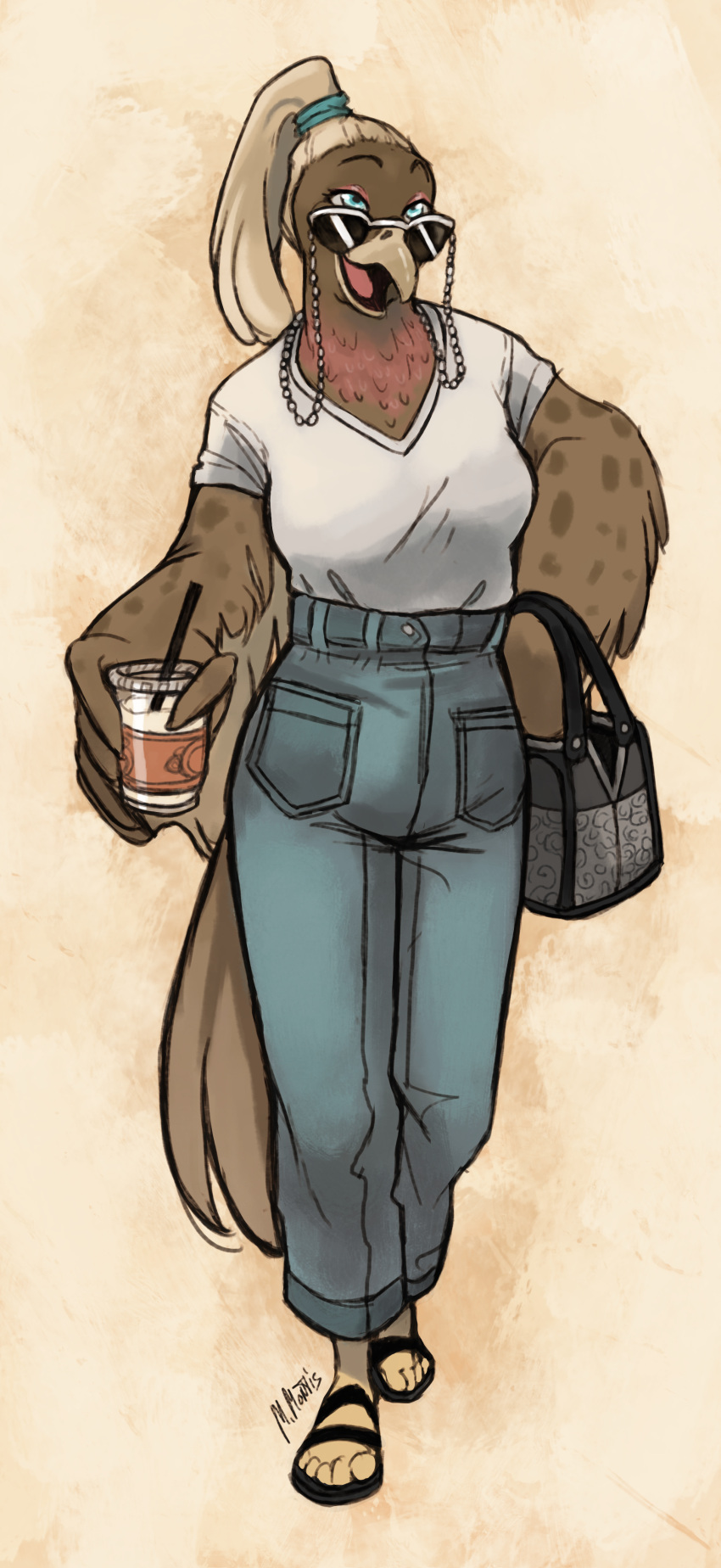 absurd_res anthro avian beverage bird blonde_hair breasts brown_body brown_feathers clothing columbid cup eyewear feathers female footwear hair hi_res marcie_montis martha_(ferretfyre) milkshake non-mammal_breasts passenger_pigeon pigeon plantigrade purse sandals smile solo sunglasses