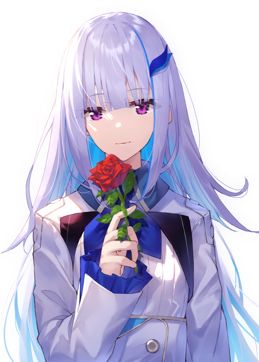 1girl absurdres bangs blue_hair closed_mouth commentary_request eyebrows_visible_through_hair flower frilled_sleeves frills hair_ornament hand_up highres holding holding_flower jacket lize_helesta long_hair long_sleeves looking_at_viewer multicolored_hair nijisanji purple_eyes red_flower red_rose rose shirt silver_hair simple_background sleeves_past_wrists smile solo two-tone_hair upper_body very_long_hair virtual_youtuber white_background white_jacket white_shirt yuuki_nao_(pixiv10696483)