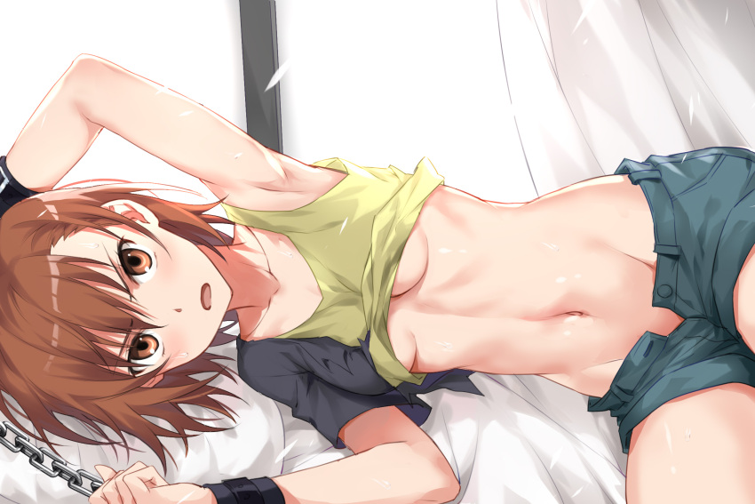 1girl arm_up armpits bangs black_shirt blush bound bound_wrists breasts brown_eyes brown_hair chain chinese_commentary collarbone commentary_request cowboy_shot curtains denim denim_shorts devil_heavens eyebrows_visible_through_hair groin hair_between_eyes highres indoors looking_at_viewer lying misaka_mikoto navel on_bed on_side open_fly open_mouth restrained shirt shirt_lift short_hair short_sleeves shorts sidelocks small_breasts solo stomach tank_top toaru_kagaku_no_railgun toaru_majutsu_no_index torn_clothes torn_shirt underboob window yellow_tank_top