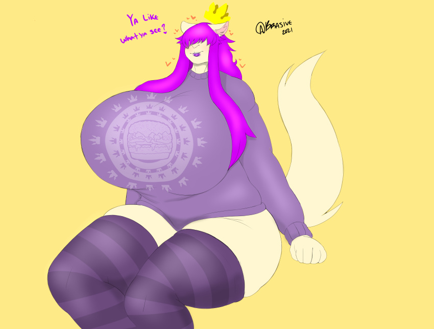 absurd_res anthro big_breasts brasive breasts clothing covered_eyes crown domestic_cat felid feline felis female hi_res huge_breasts hyper hyper_breasts kiki(brasive) legwear lips mammal mature_female saintdmac solo stretched_clothing sweater thick_bottom_lip thick_thighs thigh_highs topwear