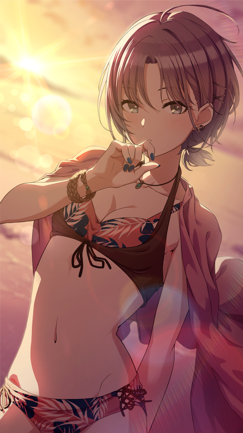 1girl ahoge alternate_hairstyle amochin arm_behind_back asakura_tooru backlighting bangs bikini blue_eyes blue_hair blue_nails blurry blurry_background breasts brown_bikini brown_hair cleavage closed_mouth commentary_request contrapposto cowboy_shot dawn dutch_angle earrings fingernails floral_print front-tie_bikini front-tie_top gradient_hair groin hair_ornament halter_top halterneck hand_to_own_mouth hand_up highres idolmaster idolmaster_shiny_colors jewelry layered_bikini lens_flare light_blush looking_at_viewer low_ponytail medium_breasts multicolored_hair nail_polish navel necklace ocean orange_bikini outdoors print_bikini red_shirt shiny shiny_hair shirt shirt_on_shoulders short_hair short_ponytail side-tie_bikini solo standing stomach sun sunlight sunset swimsuit two-tone_hair wristband x_hair_ornament