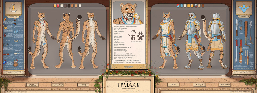 4_toes 5_fingers abs absurd_res accessory anthro armband armor athletic athletic_anthro athletic_male barefoot be'vaal belt biped black_pawpads bottomwear bracelet character_name cheetah claws clothing color_swatch dagger digitigrade ear_piercing ear_ring emblem english_text eye_contact fantasy featureless_crotch feet felid feline finger_claws finger_ring fingerpads fingers footprint footwear fur headband hi_res hindpaw ink inked jewelry logo loincloth looking_at_another looking_at_viewer looking_away m'aar mace male mammal medieval melee_weapon model_sheet necklace nipples nude paladin pawpads pawprint paws piercing polearm portrait pouches raised_tail sandals scroll scrolls solo spear species_name spots spotted_body spotted_fur standing sword tail_wraps taria tariacomic text three-quarter_view ti'maar_(titusw) titusw toe_claws toes tunic warrior weapon white_ear_tips wraps