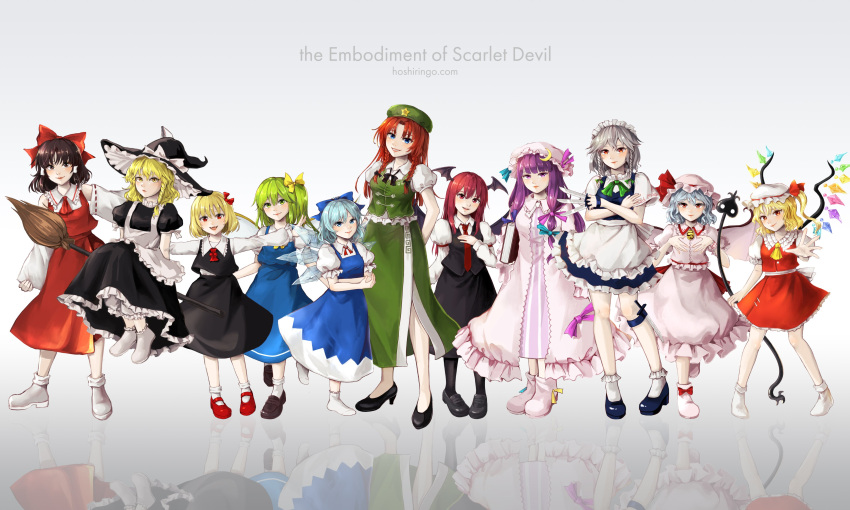 absurdres apron aqua_hair bat_wings beret black_dress black_legwear blonde_hair bloomers blouse blue_dress blue_footwear blue_hair book bow braid brown_eyes brown_footwear brown_hair cirno crescent crescent_hat_ornament daiyousei detached_sleeves dress fangs flandre_scarlet garter_belt gohei green_bow green_hair green_skirt green_vest hair_ornament hakurei_reimu hat hat_ornament high_heels highres holding holding_knife hong_meiling hoshiringo0902 ice ice_wings izayoi_sakuya japanese_clothes kirisame_marisa knife knives_between_fingers koakuma lips long_skirt long_sleeves maid maid_apron maid_headdress miko miniskirt mob_cap moon_(ornament) multiple_girls necktie patchouli_knowledge pink_dress pink_headwear ponytail purple_dress purple_hair red_dress red_footwear red_ribbon red_skirt red_vest reflective_floor remilia_scarlet ribbon rumia short_sleeves skirt smile socks star_(symbol) star_hat_ornament the_embodiment_of_scarlet_devil touhou underwear vest white_footwear white_headwear wings witch witch_hat wrist_cuffs yellow_eyes