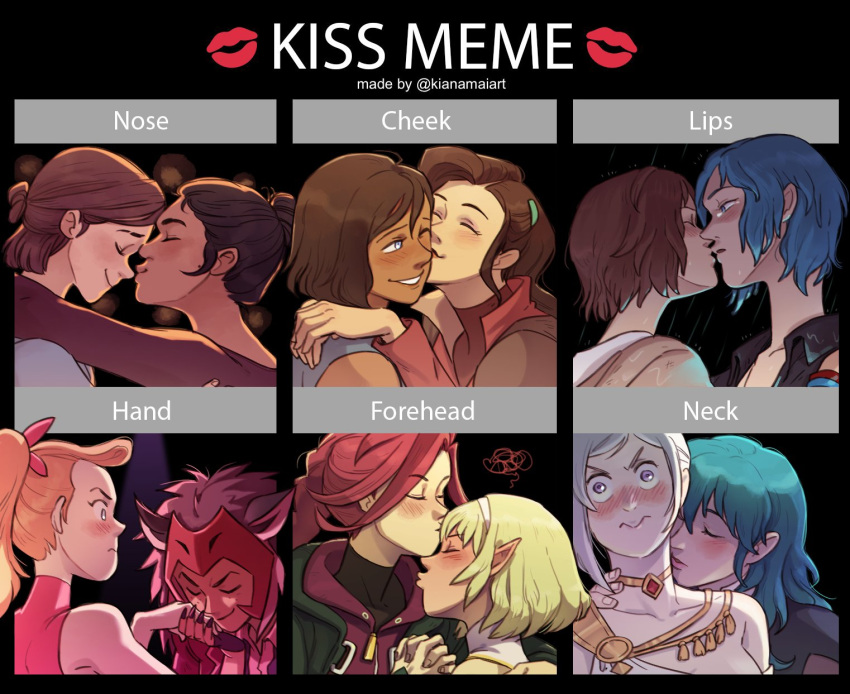 6+girls adora_(she-ra) alternate_costume animal_ears asami_sato avatar_(series) blue_hair byleth_(fire_emblem) byleth_(fire_emblem)_(female) cat_ears cat_girl catra cheek_kiss chloe_price couple dancer dark_skin dark_skinned_female dina_(the_last_of_us_2) edelgard_von_hresvelg elf ellie_(the_last_of_us) eyebrows_visible_through_hair fire_emblem fire_emblem:_three_houses forehead_kiss hand_kiss highres kiss korra life_is_strange masters_of_the_universe max_caulfield meme multiple_girls neck_kiss nose_kiss pointy_ears she-ra_and_the_princesses_of_power silver_hair the_last_of_us the_last_of_us_2 the_legend_of_korra twitter_username unoobang yuri