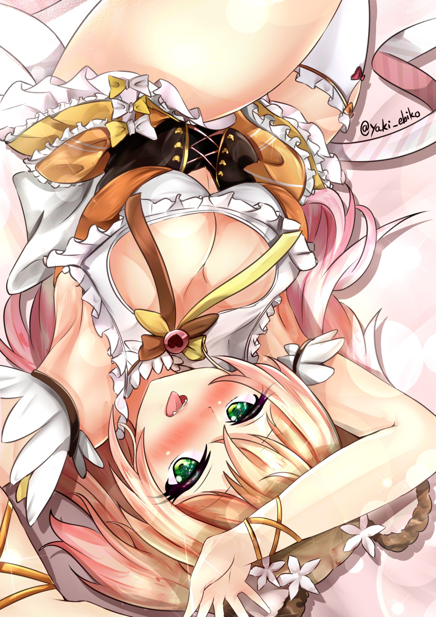 1girl animal_ears armlet arms_up bear_ears blush bow bowtie bracelet breasts cleavage cleavage_cutout clothing_cutout corset eyelashes fang gradient_hair green_eyes highres hololive jewelry large_breasts long_hair looking_at_viewer lying momosuzu_nene mr_lobster multicolored_hair no_jacket on_back on_bed orange_hair pink_hair ribbon single_thighhigh solo striped striped_ribbon thick_thighs thighhighs thighs tongue tongue_out twitter_username virtual_youtuber