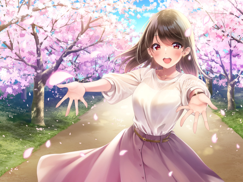 amagi_shino blush brown_hair cherry_blossoms flowers long_hair necklace original petals red_eyes short_hair skirt spring tree wristwear