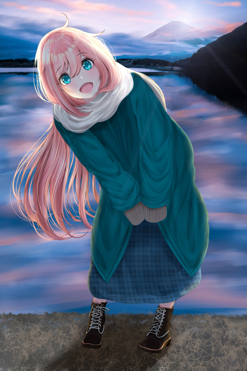 1girl :d absurdres ahoge aqua_coat aqua_eyes aqua_skirt black_footwear blush boots bracketarrow_(1326179361) cloud cloudy_sky commentary_request day grey_scarf highres kagamihara_nadeshiko leaning_to_the_side long_coat long_hair long_skirt looking_at_viewer morning mount_fuji mountain mountaintop open_mouth pink_cloud pink_hair pink_lips plaid plaid_skirt scarf scenery shiny shiny_hair skirt sky sleeves_past_fingers sleeves_past_wrists smile solo standing very_long_hair winter yurucamp