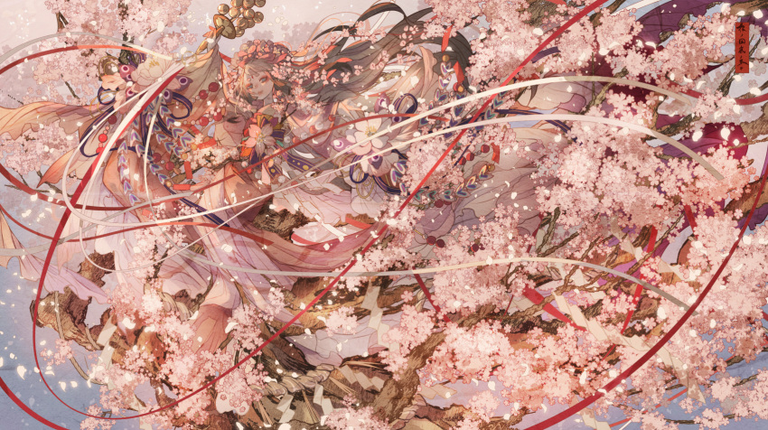 bell brown_hair cherry_blossoms flowers japanese_clothes kimono long_hair nanahara_shie original ribbons tree