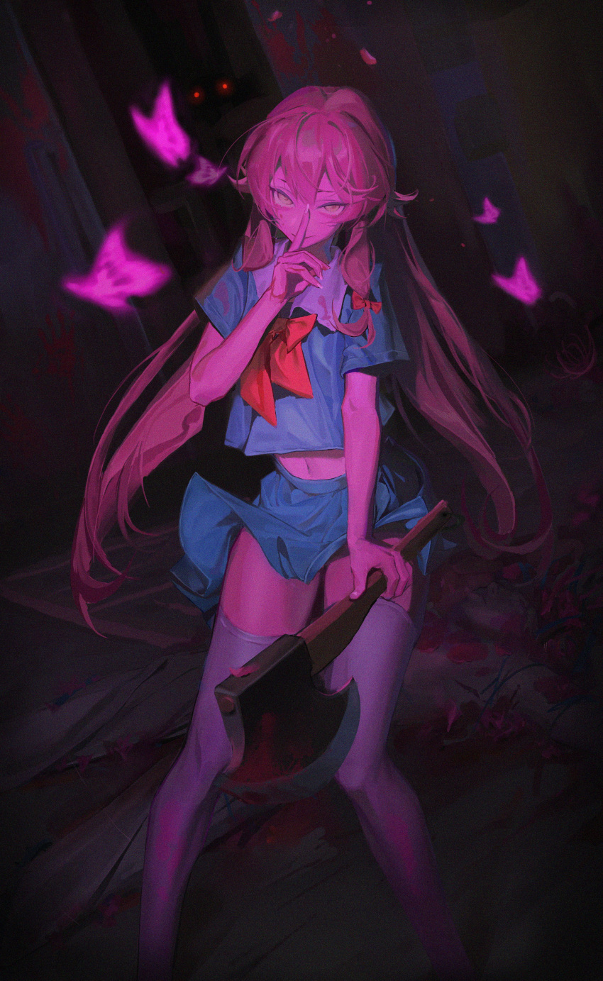 1girl absurdres axe bangs blood blood_on_ground blood_on_wall blood_on_weapon blue_shirt blue_sky bow bug butterfly closed_mouth dark_background finger_to_mouth fingernails gasai_yuno hair_bow highres holding holding_axe holding_weapon long_hair looking_at_viewer mirai_nikki navel pink_hair red_neckwear shirt sidelocks sky sleeveless smile smirk solo standing very_long_hair weapon white_legwear yellow_eyes zqxsh666
