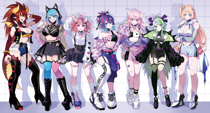 6+girls ahoge alternate_costume android animal_ear_fluff animal_ears arm_behind_head asymmetrical_legwear bandaid bandaid_on_face bangs belt bikini bikini_top black_belt black_bow black_choker black_footwear black_gloves black_jacket black_skirt blue_eyes blue_hair boots bow bra bracelet breasts bsapricot_(vtuber) cat_ear_headphones cat_ears cat_girl character_name choker cleavage cleavage_cutout clothing_cutout colored_inner_hair corset denim denim_shorts dragon_girl dragon_horns dragon_wings eyebrows_behind_hair eyebrows_visible_through_hair fangs finger_to_own_chin fingerless_gloves fishnet_legwear fishnets full_body gloves gradient_hair green_eyes green_hair hair_bow head_screw headphones heart heart_hair high_heel_boots high_heels highres hime_hajime hood hooded_jacket horns ironmouse jacket jewelry large_breasts leather_vest lich licking_lips long_hair long_sleeves looking_at_viewer medium_breasts melody_(projektmelody) midriff mini_wings mismatched_legwear multicolored_hair multiple_girls multiple_horns nail_polish navel nyatasha_nyanners off_shoulder official_alternate_costume official_art open_hand open_mouth pantyhose paw_print pink_belt pink_bow pink_hair pink_nails pink_skirt plaid plaid_shirt platform_footwear platform_heels pointing pointing_at_self pointy_ears puppeteer7777 purple_bow purple_eyes purple_hair purple_jacket purple_nails red_hair shirt shoes short_hair_with_long_locks short_shorts short_sidetail shorts side_ponytail sidelocks silvervale single_strap single_thighhigh skirt sleeves_past_fingers sleeves_past_wrists smile sneakers solo spiked_bracelet spikes standing straight-on strapless streaked_hair suspender_skirt suspenders swimsuit thigh_boots thigh_strap thighhighs tiara tied_hair tongue tongue_out transparent_background tubetop twintails underwear virtual_youtuber vshojo white_bra white_legwear white_shirt wings yellow_eyes zentreya_(vtuber)