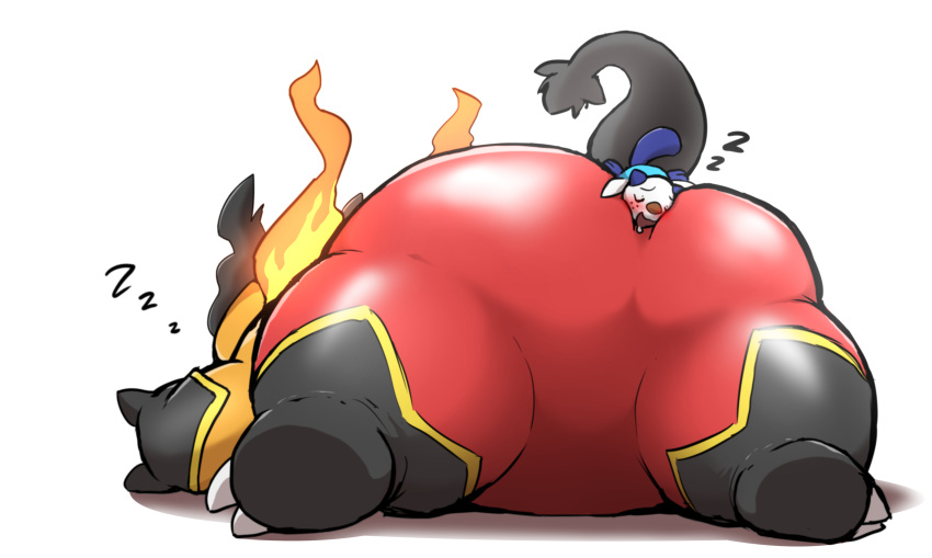 2018 alternate_version_at_source ambiguous_gender anthro between_butt big_butt black_body bodily_fluids butt butt_grab drooling duo emboar featureless_crotch feral fire flaming_hair flaming_mane hand_on_butt hi_res mammal multicolored_body nintendo nude oshawott overweight overweight_ambiguous overweight_anthro pok&eacute;mon pok&eacute;mon_(species) pseudo_hair pseudo_mane red_body saliva simple_background size_difference sleeping smaller_ambiguous suzume_333 video_games