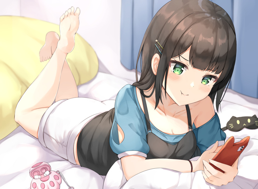 1girl :t bangs black_hair black_vest blue_shirt bracelet cellphone clothing_cutout collarbone curtains green_eyes hair_ornament hairclip holding holding_phone indoors jewelry keiran_(ryo170) lying on_bed on_stomach original phone pout puffy_short_sleeves puffy_sleeves shirt short_sleeves shorts shoulder_cutout smartphone solo vest white_shorts