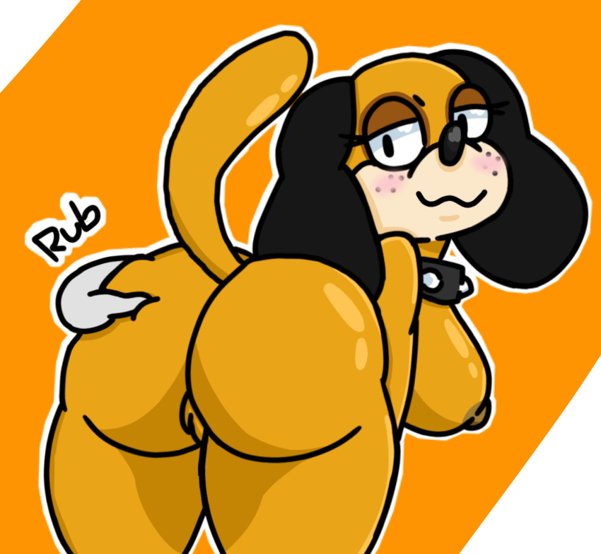 absurd_res anthro blush breasts butt butt_focus butt_grab butt_rub canid canine canis collar crossgender domestic_dog duck_hunt duck_hunt_dog female freckles hand_on_butt hi_res lewdewott looking_back mammal nintendo nipples orange_body shaded side_boob simple_background simple_shading smile solo text video_games