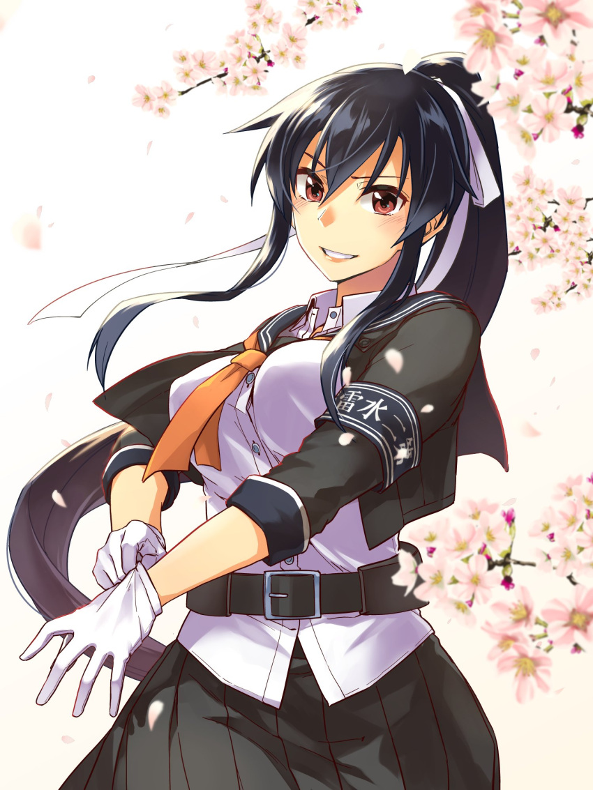 1girl abo_(hechouchou) adjusting_clothes adjusting_gloves armband bangs belt black_belt black_skirt blue_sailor_collar breasts brown_eyes cherry_blossoms gloves grin hair_ribbon highres kantai_collection long_hair looking_at_viewer orange_neckwear petals pleated_skirt ponytail remodel_(kantai_collection) ribbon sailor_collar shirt sidelocks skirt smile solo very_long_hair white_gloves yahagi_(kancolle)