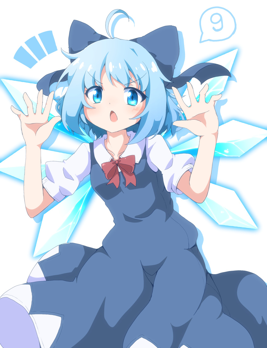 (9) 1girl :o absurdres ahoge blue_bow blue_dress blue_eyes blue_hair bow breasts cirno commentary_request do_(4-rt) dress eyebrows_visible_through_hair hair_bow hands_up highres ice ice_wings large_bow looking_at_viewer puffy_short_sleeves puffy_sleeves short_hair short_sleeves simple_background small_breasts solo touhou v-shaped_eyebrows white_background wings