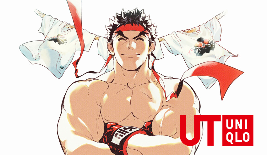 1boy ^_^ backlighting black_hair closed_eyes closed_mouth clothes crossed_arms facial_hair furrowed_eyebrows gloves headband highres logo male_focus muscular muscular_male nipples official_art pectorals pointy_hair print_shirt red_gloves red_headband rope ryu_(street_fighter) shirt shirtless short_hair smile solo street_fighter street_fighter_v stubble t-shirt tagme tamio uniqlo upper_body veins white_background