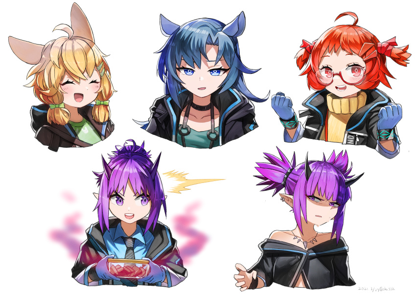 5girls :d ^_^ absurdres ahoge animal_ears arknights bare_shoulders beagle_(arknights) black_choker black_jacket black_shirt blonde_hair blue_eyes blue_gloves blue_hair blue_shirt blush bow bunny_ears choker closed_eyes commentary_request cropped_torso fang_(arknights) glasses gloves green_bow green_shirt hair_bow hands_up hibiscus_(arknights) highres holding horns horse_ears huge_filesize jacket kroos_(arknights) lava_(arknights) long_hair looking_at_another looking_at_viewer multiple_girls necktie off-shoulder_shirt off_shoulder open_clothes open_jacket open_mouth orange_hair pointy_ears purple_hair red-framed_eyewear sahara_(shr_ssk) shirt short_hair siblings simple_background sisters smile sweater turtleneck turtleneck_sweater twintails upper_body white_background yellow_sweater