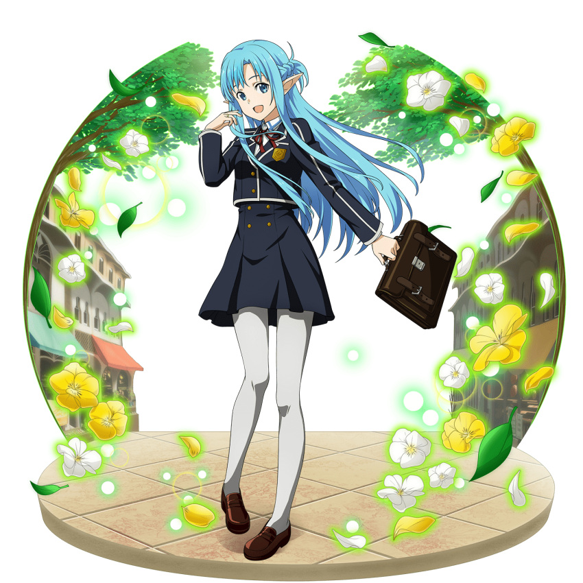 1girl :d asuna_(sao-alo) black_jacket black_skirt blue_eyes blue_hair braid brown_footwear collared_shirt faux_figurine floating_hair flower french_braid full_body high-waist_skirt highres holding jacket loafers long_hair long_sleeves miniskirt neck_ribbon official_art open_mouth pantyhose petals pointy_ears red_ribbon ribbon shirt shoes skirt smile solo standing sword_art_online sword_art_online:_memory_defrag transparent_background very_long_hair white_flower white_legwear white_shirt wing_collar yellow_flower