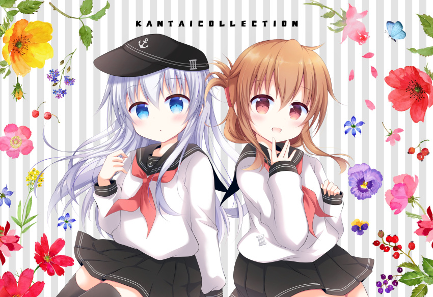 2girls absurdres anchor_symbol black_headwear black_sailor_collar black_skirt blue_eyes brown_eyes brown_hair commentary_request copyright_name cowboy_shot flat_cap flower_request folded_ponytail hat hibiki_(kancolle) highres inazuma_(kancolle) kantai_collection kashiwadokoro long_hair looking_at_viewer multiple_girls neckerchief pleated_skirt red_neckwear sailor_collar silver_hair skirt striped striped_background