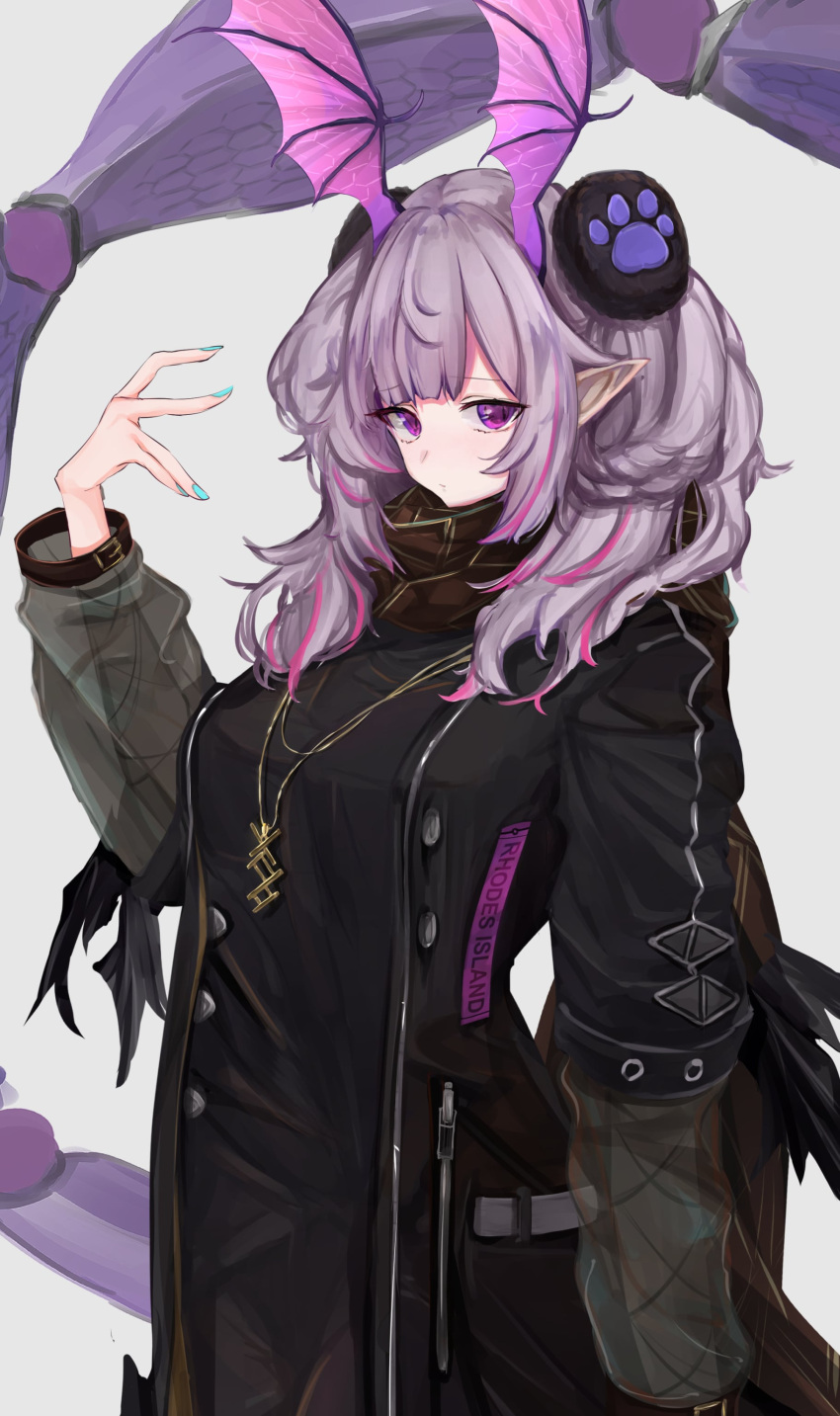 1girl absurdres arknights asumi_maboroshi bangs black_jacket blue_nails commentary_request cowboy_shot eyebrows_visible_through_hair grey_background hand_up head_wings highres jacket long_hair long_sleeves looking_at_viewer manticore_(arknights) manticore_(invisible_dirge)_(arknights) multicolored_hair nail_polish official_alternate_costume paw_print pink_hair pointy_ears purple_eyes purple_hair scorpion_tail simple_background solo standing streaked_hair tail twintails