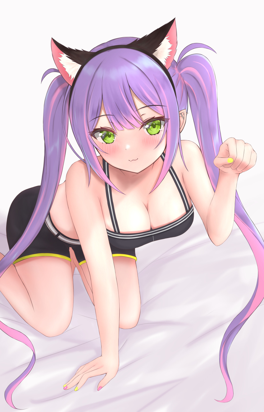 1girl :3 absurdres all_fours animal_ears arm_support bare_arms bare_shoulders black_shorts black_tank_top blush breasts cat_ears chocomaru cleavage closed_mouth crop_top ear_piercing fake_animal_ears green_eyes highres hololive large_breasts long_hair looking_at_viewer mismatched_nail_polish multicolored_hair nail_polish on_bed paw_print piercing pink_hair pointy_ears purple_hair purple_nails shorts sidelocks smile solo streaked_hair tank_top tokoyami_towa twintails virtual_youtuber yellow_nails