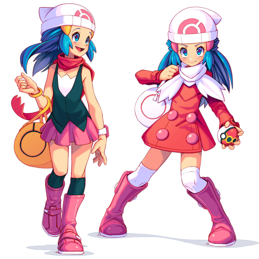 1girl arnaud_tegny bag beanie black_legwear blue_eyes blue_hair blush boots bracelet closed_mouth coat commentary dawn_(pokemon) duffel_bag eyelashes hat highres holding holding_poke_ball jewelry kneehighs knees long_sleeves multiple_views open_mouth over-kneehighs pink_footwear poke_ball pokemon pokemon_(game) pokemon_dppt pokemon_platinum red_coat red_scarf repeat_ball scarf smile thighhighs tongue white_background white_bag white_headwear white_legwear white_scarf yellow_bag