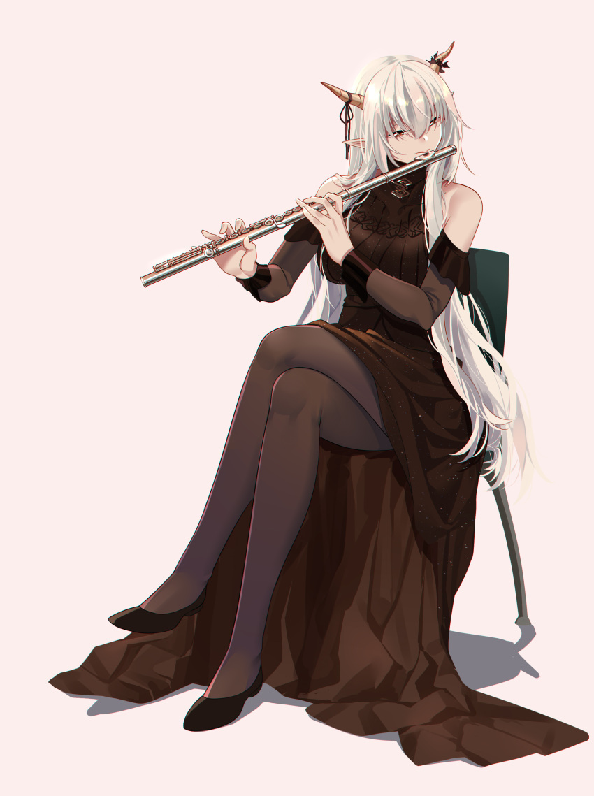 1girl absurdres arknights bare_shoulders black_dress black_footwear black_legwear chair commentary crossed_legs dress flute grey_background highres holding holding_instrument horns instrument long_hair music official_alternate_costume pantyhose playing_instrument pointy_ears shijie_jianfa shining_(arknights) shoes silver_hair simple_background solo very_long_hair