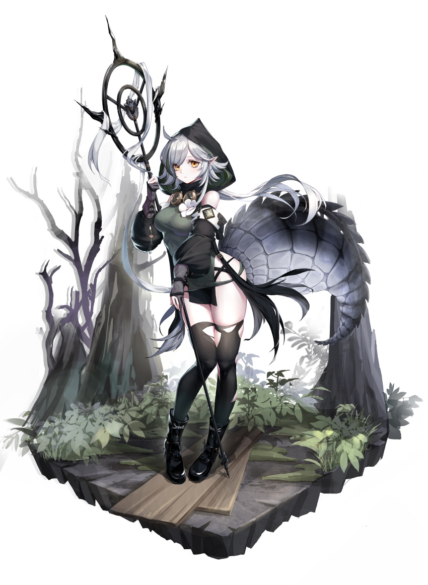 1girl absurdres ahoge arknights bangs black_footwear black_legwear boots breasts crocodilian_tail flower full_body highres holding holding_staff hood huanxing_zhenkong- large_tail long_hair looking_at_viewer medium_breasts pointy_ears silver_hair simple_background solo staff standing tail thighhighs thighs tomimi_(arknights) white_background white_flower yellow_eyes