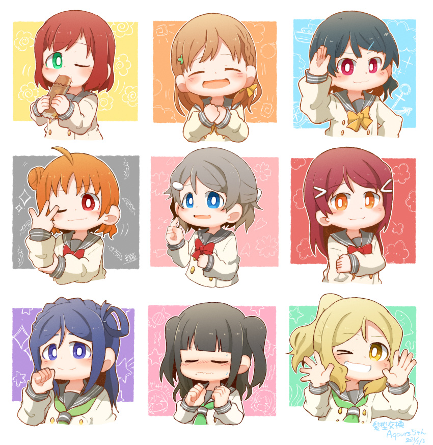 &gt;_o 6+girls ahoge alternate_hairstyle aqua_eyes bangs black_hair blonde_hair blue_eyes blue_hair blunt_bangs braid bread brown_hair chuunibyou clover_hair_ornament crown_braid curly_hair eating embarrassed eyebrows_visible_through_hair food frown furrowed_eyebrows g_teall grey_hair grin hair_ornament hair_ribbon hair_rings hairclip half_updo hands_up highres kunikida_hanamaru kurosawa_dia kurosawa_ruby long_hair love_live! love_live!_sunshine!! matsuura_kanan mole mole_under_mouth multiple_girls ohara_mari one_eye_closed open_hands open_mouth orange_hair ponytail purple_eyes purple_hair red_eyes red_hair red_neckwear ribbon sakurauchi_riko salute school_uniform short_hair side_braid side_bun smile spread_fingers swept_bangs takami_chika tsushima_yoshiko two_side_up uranohoshi_school_uniform v watanabe_you wavy_mouth yellow_eyes yellow_ribbon