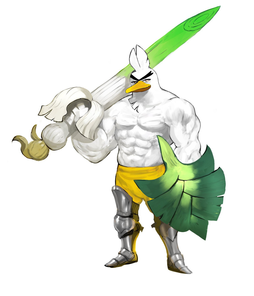 2019 abs anthro armor avian beak biceps bird clothing eyebrows feather_tuft feathers food full-length_portrait head_tuft hi_res holding_object kekai_kotaki leek legwear looking_at_viewer male muscular muscular_anthro muscular_male nintendo onion pecs plant pok&eacute;mon pok&eacute;mon_(species) portrait simple_background sirfetch'd solo standing tuft vegetable video_games white_background white_body white_feathers yellow_beak