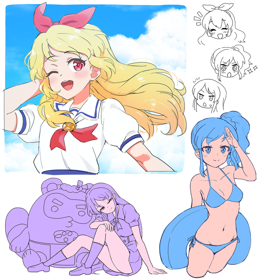 +_+ 3girls :d :o ;) ;d ^^^ ^_^ ^o^ aikatsu! aikatsu!_(series) bikini blonde_hair blouse blue_bikini blue_eyes blue_hair blue_sky blue_theme blush bow chibi chibi_inset closed_eyes closed_mouth cloud cloudy_sky collared_shirt cropped_legs day dress ebipon eyebrows_visible_through_hair frilled_legwear from_side groin hair_bow hairband half-closed_eyes halterneck head_tilt highres holding holding_innertube hoshimiya_ichigo idol innertube kiriya_aoi limited_palette lineart loafers long_hair looking_at_viewer looking_to_the_side mascot midriff multiple_girls multiple_views muted_color navel neckerchief one_eye_closed open_mouth pleated_skirt puffy_short_sleeves puffy_sleeves purple_eyes purple_hair purple_theme red_eyes red_hairband red_neckwear salute school_uniform shibuki_ran shiny shiny_hair shiny_skin shirt shoes short_sleeves side_ponytail sidelocks sitting sketch skirt sky smile socks soleil_(aikatsu!) sparkle sparkling_eyes star_(symbol) starlight_academy_uniform stuffed_animal stuffed_toy summer_uniform surprised swimsuit tanuki upper_body white_background white_blouse yoban