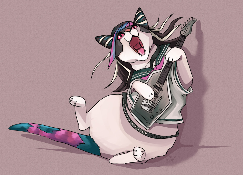 2020 :o barefoot belt black_body black_fur black_hair blue_hair ceipr clothed clothing cosplay crossover cute_fangs danganronpa danganronpa_2 domestic_cat fangs feet felid feline felis female feral fur green_tail guitar guitar_cat hair hi_res humor ibuki_mioda long_hair looking_up mammal meme multicolored_body multicolored_fur multicolored_hair multicolored_tail musical_instrument open_mouth pink_eyes pink_hair pink_nose pink_tail plucked_string_instrument pupils purple_background sharp_teeth shirt simple_background slit_pupils small_fangs solo string_instrument teeth tongue topwear white_body white_fur white_hair