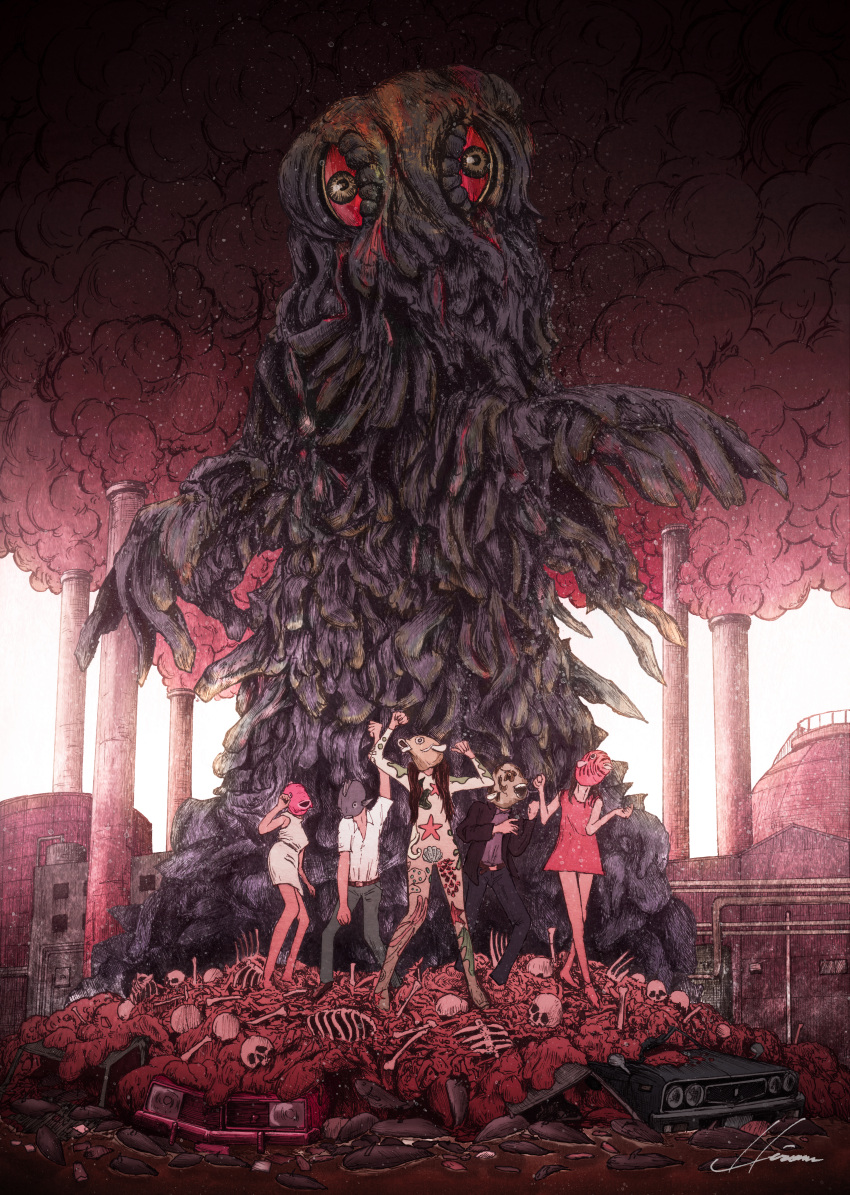 2boys 3girls absurdres belt black_pants brown_hair collared_shirt colored_sclera commentary dress fish_mask godzilla_(series) grey_pants hedorah highres hipy_(image_oubliees) huge_filesize long_hair monster multiple_boys multiple_girls pants pink_dress purple_shirt red_sclera shirt shirt_tucked_in signature skeleton skull white_dress white_shirt