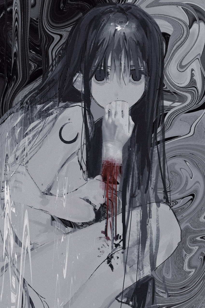 1girl abstract_background bangs black_eyes black_hair blood completely_nude disembodied_limb distortion feet_out_of_frame guro hand_in_mouth hands highres isomu knee_up long_hair looking_at_viewer nude original pale_skin self_hug severed_hand solo spot_color