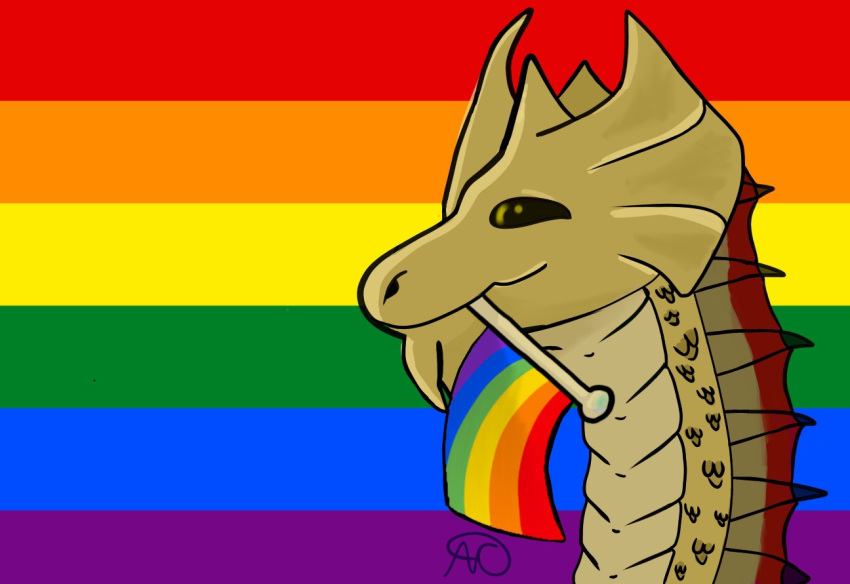 anonymous_artist anthro bone_frill dragon eyes_closed flag flag_background flag_in_mouth frill_(anatomy) gold_dragon happy lgbt_pride male patrick_(lunchmeat) pride_color_background pride_colors rainbow_flag rainbow_pride_flag rainbow_symbol simple_background smile solo