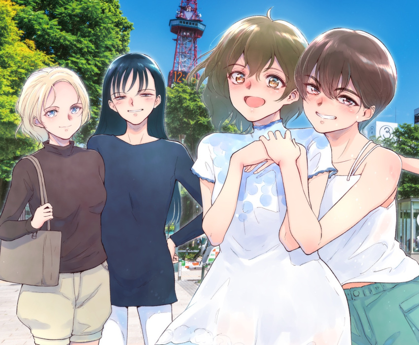 4girls bag bifidus black_hair black_shirt blonde_hair blue_eyes breasts brown_eyes brown_hair brown_shirt camisole commentary_request dress grin half-closed_eyes handbag haruno_kotori highres kawahara_ayu kita_e long_hair multiple_girls open_mouth photo_background sakyou_hayaka shirt short_hair shorts small_breasts smile tanya_lipinski tokyo_tower tree white_dress