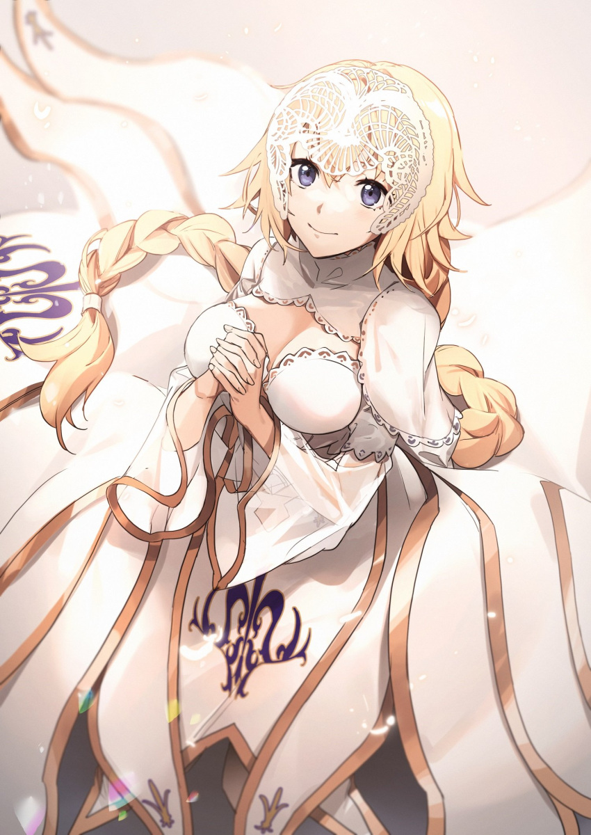 1girl alternate_costume blonde_hair braid braided_ponytail breasts cleavage cleavage_cutout closed_mouth clothing_cutout dress fate/grand_order fate_(series) hair_between_eyes hair_ornament hands_together headpiece highres jeanne_d'arc_(fate) jeanne_d'arc_(fate)_(all) large_breasts long_dress long_hair long_sleeves looking_at_viewer lostroom_outfit_(fate) nail no-kan official_alternate_costume purple_eyes smile solo very_long_hair white_dress wide_sleeves