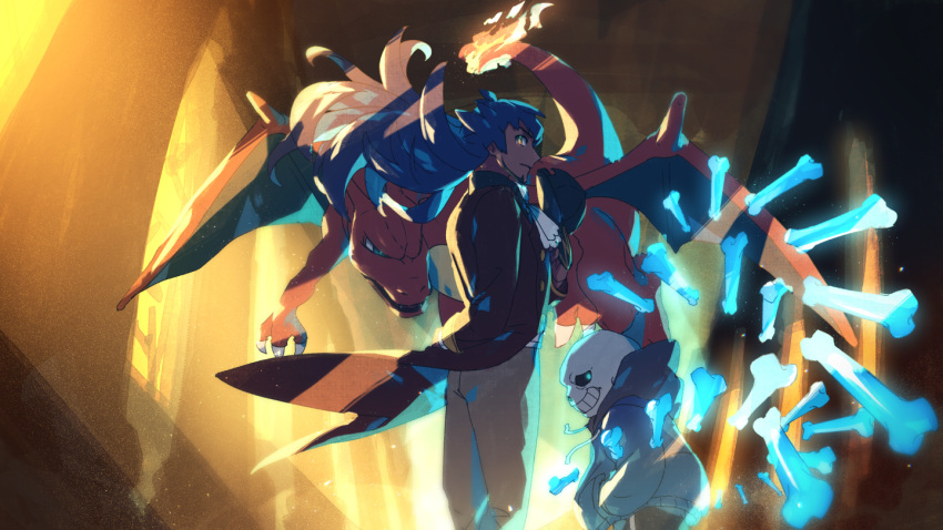 2boys baseball_cap bone buttons charizard commentary_request cravat dark_skin dark_skinned_male facial_hair fire floating_hair from_below from_side gen_1_pokemon glowing hat hat_removed headwear_removed holding holding_clothes holding_hat leon_(pokemon) long_hair looking_to_the_side male_focus multiple_boys pants pokemon pokemon_(creature) pokemon_(game) pokemon_swsh purple_hair sans suruga_dbh tailcoat undertale white_neckwear yellow_eyes