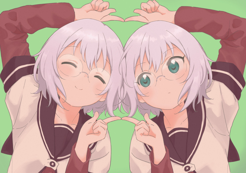 2girls 9so_(ponchon) absurdres arm_up bangs black_sailor_collar closed_eyes closed_mouth collarbone commentary_request eyebrows_visible_through_hair facing_viewer fingers_together green_background green_eyes hand_up highres ikeda_chitose ikeda_chizuru light_purple_hair long_sleeves looking_at_another looking_to_the_side multiple_girls nanamori_school_uniform sailor_collar school_uniform serafuku shirt short_hair short_over_long_sleeves short_sleeves siblings simple_background sisters smile twins white_shirt yuru_yuri