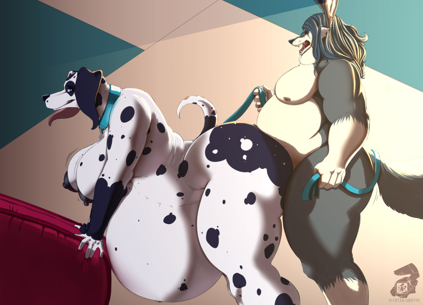 absurd_res anthro belly big_belly big_breasts breasts canid canine canis dalmatian dianadalmatian_(whiterabbit95) domestic_dog duo fat_fur female female_penetrated fox haisesasaki_(whiterabbit95) hi_res hybrid male male/female male_penetrating male_penetrating_female mammal nipples nude obese overweight penetration pregnant pregnant_sex sex simple_background whiterabbit95
