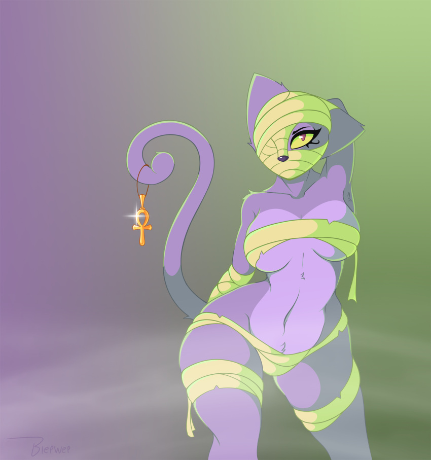 2020 ankh anthro bandage big_breasts blepwep breasts clothed clothing curled_tail domestic_cat eyelashes felid feline felis female fog fur hand_behind_head hi_res mammal mummy_costume navel pinup portrait pose purple_body purple_fur purple_nose red_eyes skimpy solo standing three-quarter_portrait under_boob yellow_sclera