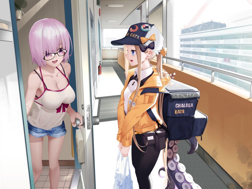 2girls abigail_williams_(fate) bangs blonde_hair blue_eyes blush brand_name_imitation breasts delivery fate/grand_order fate_(series) forehead hair_over_one_eye highres large_breasts light_purple_hair long_hair mash_kyrielight multiple_girls mundane_utility open_mouth parted_bangs purple_eyes shiro_ami short_hair sidelocks small_breasts smile uber_eats