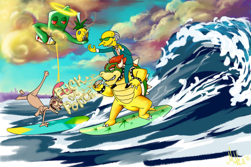 alcohol anthro beach beverage bong bowser cloud drugged drugs english_text eyewear food fruit fuck_the_police gumby halo hi_res human koopa male mammal marijuana mario_bros mokka_(artist) montgomery_burns nickelodeon nintendo pineapple plant ren_and_stimpy ren_h&ouml;ek scalie sea seaside signature smoke smoke_from_nose spongebob_squarepants substance_intoxication sunglasses surfboard surfing text video_games water wave