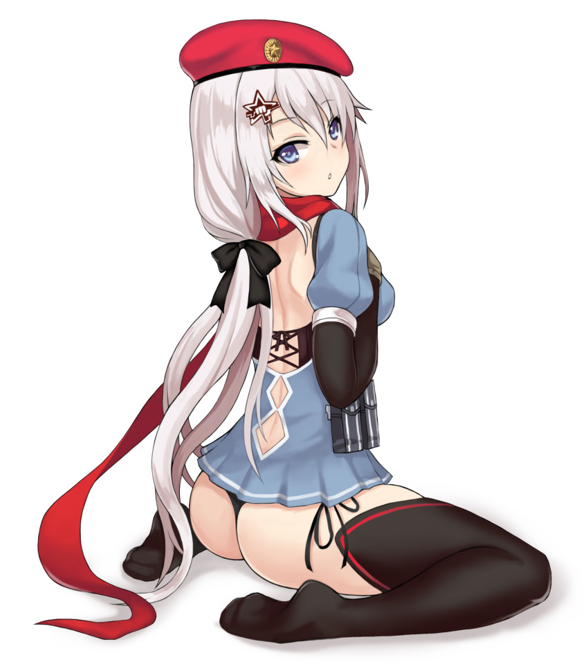 1girl 9a-91_(girls_frontline) ammunition_pouch ass beret black_legwear blue_eyes girls_frontline gloves hair_ornament hair_ribbon hat highres long_hair long_sleeves looking_at_viewer looking_back panties poorgom pouch puffy_short_sleeves puffy_sleeves red_headwear red_scarf revision ribbon scarf short_sleeves side-tie_panties sitting solo thighhighs underwear very_long_hair wariza white_background white_hair