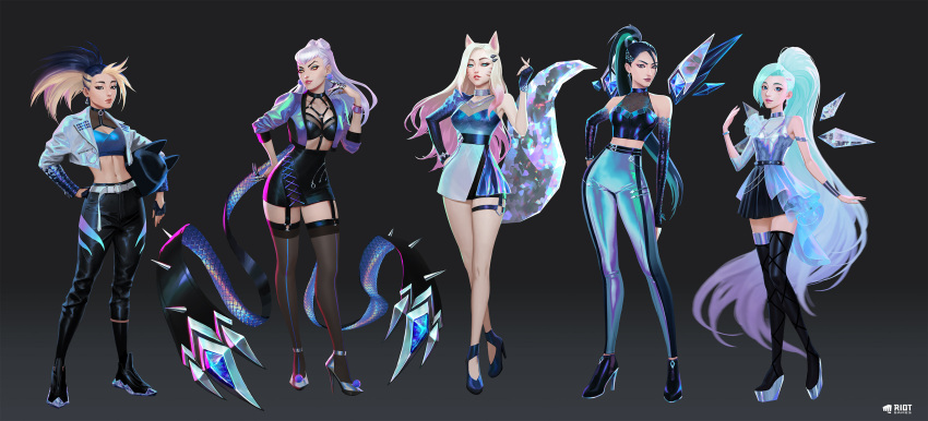 5girls absurdres ahri akali blonde_hair character_request clothing_request commentary dress earrings english_commentary english_text evelynn_(league_of_legends) grey_background high_heels highres jason_chan jewelry k/da_(league_of_legends) kai'sa league_of_legends long_hair looking_at_viewer multiple_girls seraphine_(league_of_legends) simple_background standing tagme