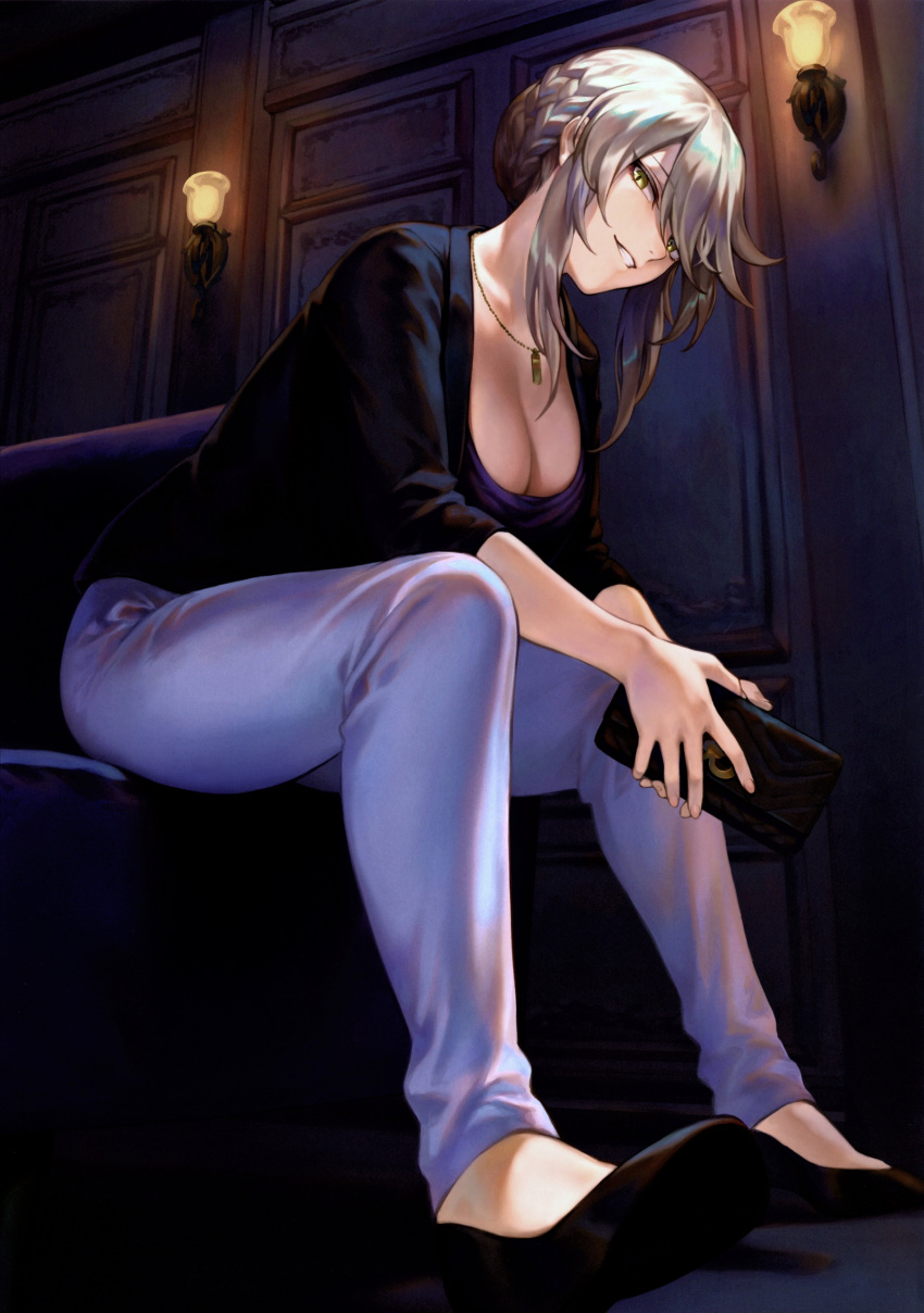 1girl absurdres artoria_pendragon_(all) artoria_pendragon_(lancer_alter)_(fate) bag breasts cleavage fate/grand_order fate_(series) handbag highres jewelry long_sleeves looking_at_viewer mashuu_(neko_no_oyashiro) medium_breasts necklace pants parted_lips scan smile solo tied_hair yellow_eyes