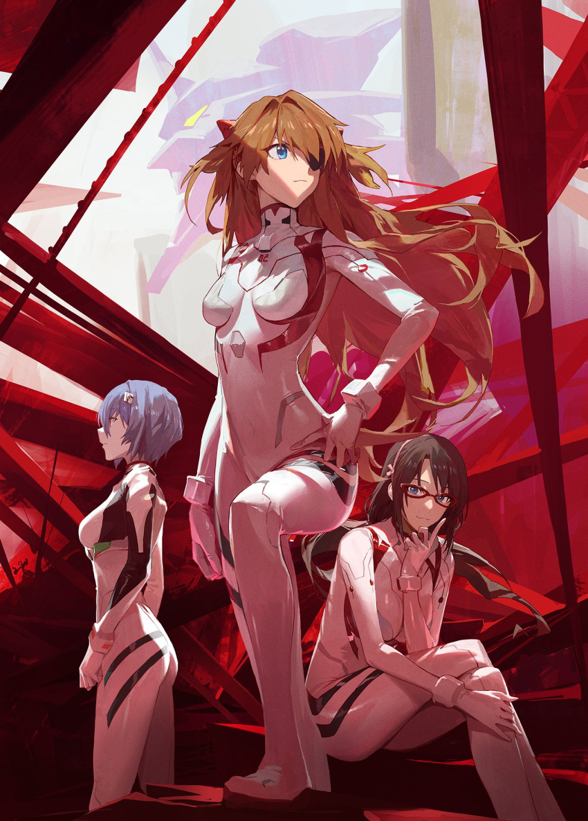 3girls ass ayanami_rei blue_eyes blue_hair breasts brown_hair crossed_legs eva_01 evangelion:_3.0+1.0_thrice_upon_a_time eyepatch from_side hair_over_one_eye highres interface_headset long_hair makinami_mari_illustrious medium_breasts mossi multiple_girls neon_genesis_evangelion plugsuit rebuild_of_evangelion red_hair shikinami_asuka_langley souryuu_asuka_langley