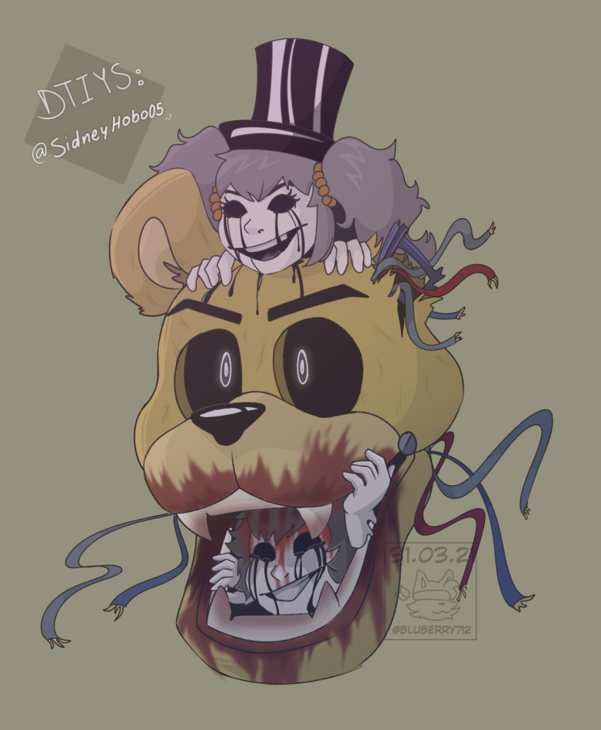&gt;:d 1_ear 2021 :d anthro big_ears big_hat big_head black_nose black_sclera blood blood_on_face blood_on_mouth bluberry712 bodily_fluids carrying cassidy_(fnaf) chris_(fnaf) clothing crying crying_child_(fnaf) disembodied_head eyelashes fangs female five_nights_at_freddy's five_nights_at_freddy's_2 grey_hair group hair hand_on_mouth hat headgear headwear hi_res human in_mouth inside long_hair looking_away male mammal multicolored_face notched_ear on_head on_top open_mouth pigtails sharp_teeth short_hair simple_background size_difference smile soulless soulless_eyes tan_background tears teeth top_hat two_tone_face ursid video_games white_body white_eyes white_skin wire withered_golden_freddy_(fnaf) yellow_face young